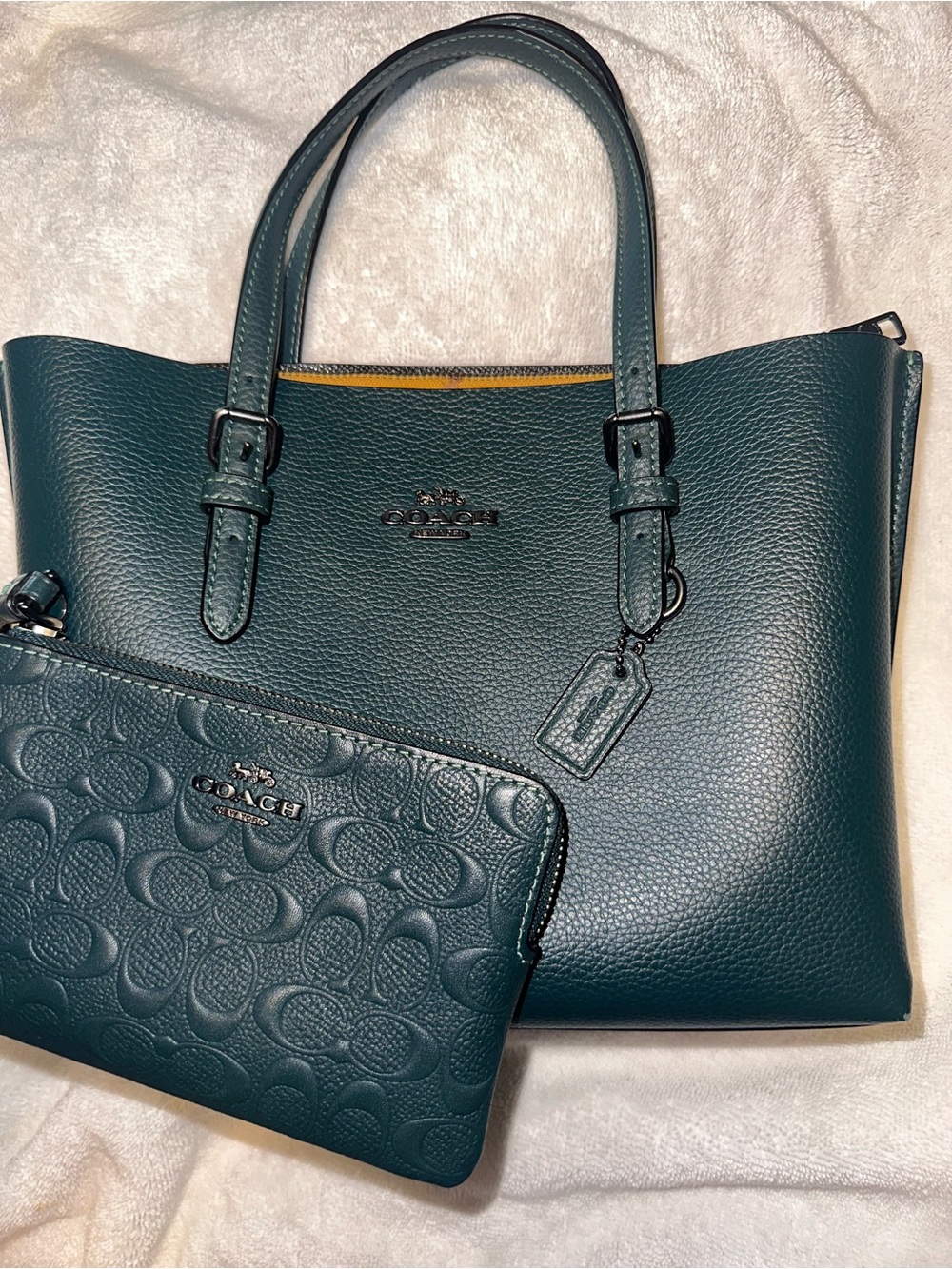 Coach Teal Green Pebbled Leather Tote with Matching Wristlet